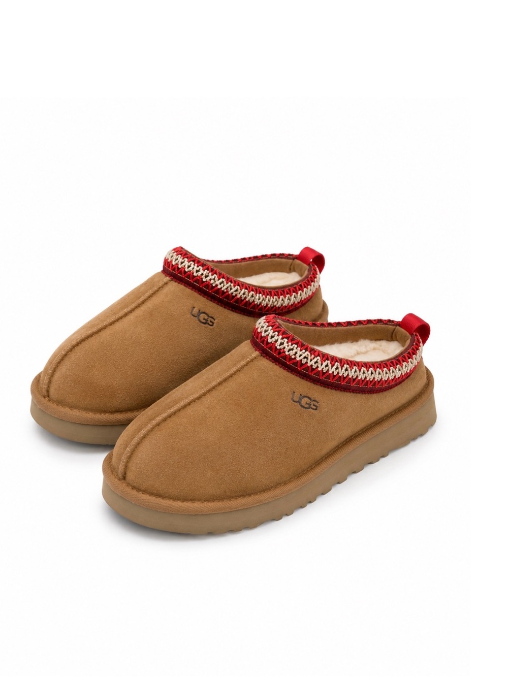 UGG Chestnut Suede Slip-On Clog with Red and Cream Trim